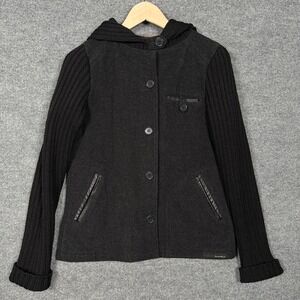 Smartwool Large Jacket Black Buttons Hooded Merino Wool Ribbed Sleeves Pockets